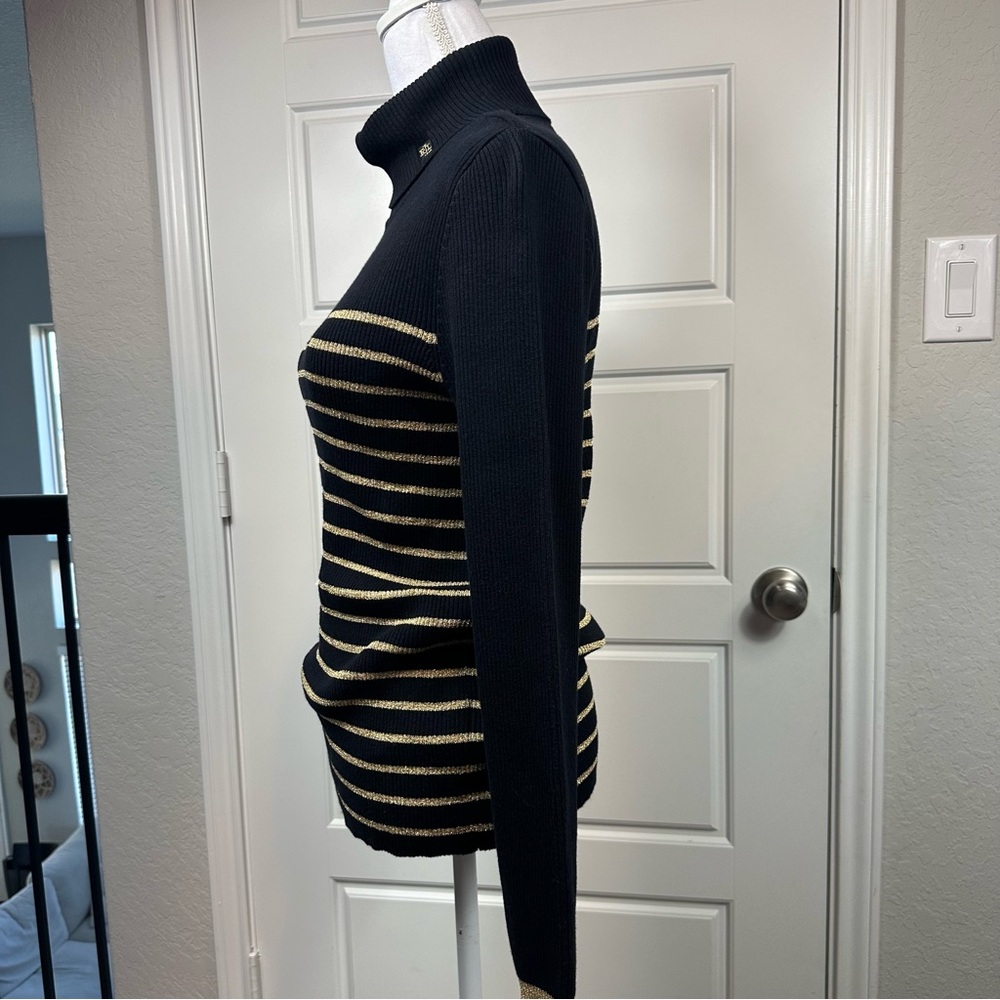Lauren Ralph Lauren Y2K Gold Metallic Striped Classic Long Sleeve Sweater Large - Picture 4 of 9